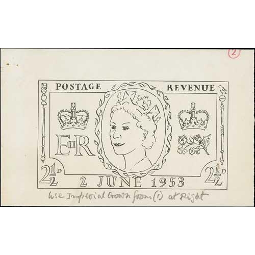 34 - 1953 Coronation issue, three artists drawings for a 2½d stamp in ink, each 144-153x86mm on wate... 