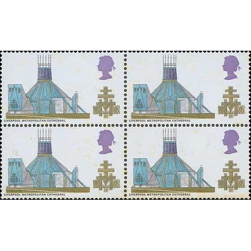 35 - 1969 British Architecture, 1/6 block of four, variety black (value) omitted, unmounted mint, toning ... 