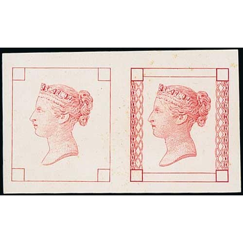 39 - Head and frame essays in red on thick glazed card, the adjacent essays with QV head very similar to ... 