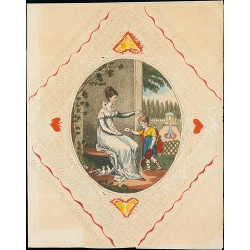 413 - 1805 Valentine lettersheet depicting cupid delivering a letter to a seated lady, doves below, within... 