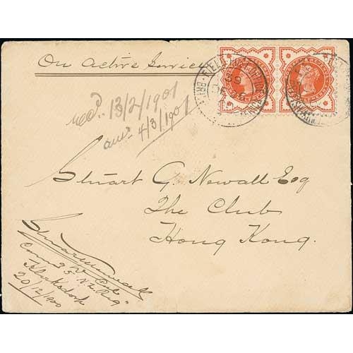 548 - 1900 (Dec 26) Cover to Hong Kong with G.B ½d pair cancelled by F.P.O 39 datestamps, endorsed 