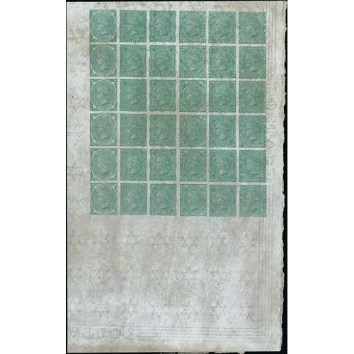 57 - Perkins Bacon & Co. Imperforate sheet of 36 1d small head essays in green, plate IV lettered 