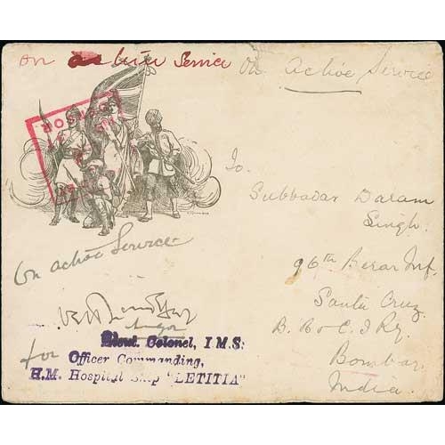 577 - Letitia. 1915-16 Stampless O.A.S covers (3), a front and a postcard from the ship, one with violet o... 