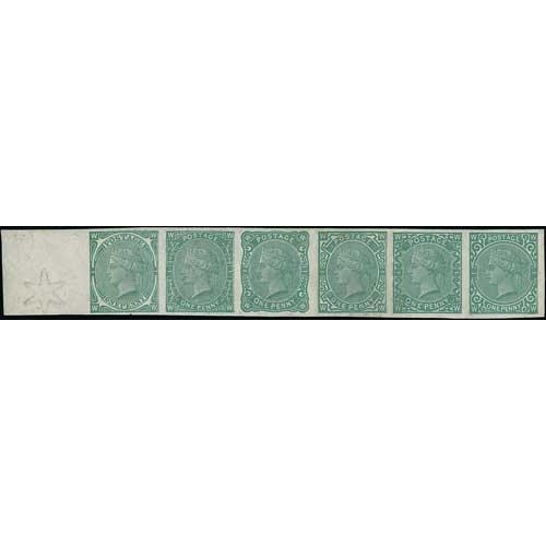 58 - Perkins Bacon & Co. Imperforate 1d small head essay strip showing all six types, in green with margi... 