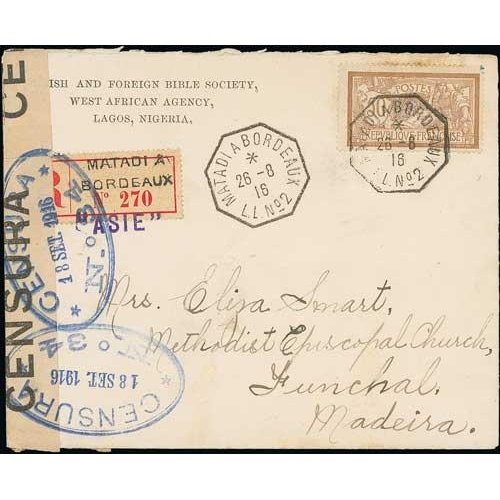 611 - Asie. 1916 Cover with return address of the British and Foreign Bible Society in Lagos, registered t... 