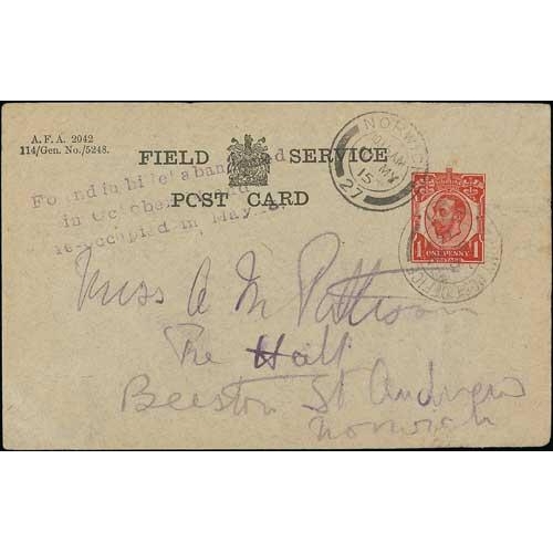 621 - 1914 (Oct 30) 1d Field Service Postcard to England, cancelled over six months later at Army Post Off... 