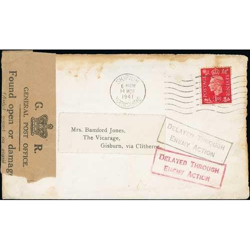 640 - 1941 (Mar 14) Cover franked 1d from Skipton to Gisburn, a little fire and water damaged, Officially ... 