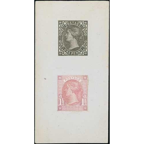 72 - 1879 1d Essay (frame D) in black and 1880 1½d essay (frame K) in pale violet, both with Ridgewa... 