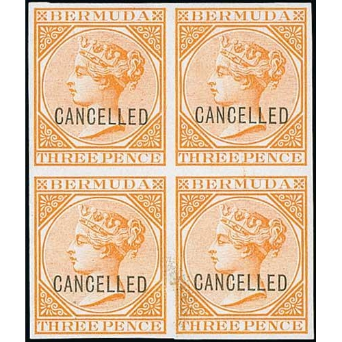 737 - 1865-77 1d Pale rose and 3d orange imperforate plate proof blocks of four on unwatermarked thick sur... 