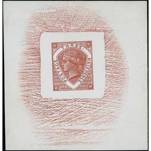 77 - 1½d Die proof in brown, frame G, partly cleared background around the stamp, on wove paper, 67x... 