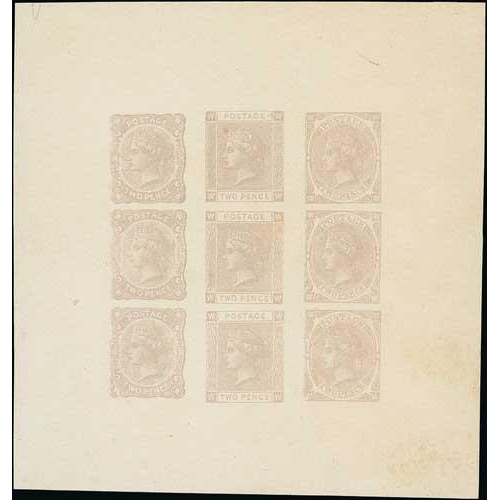 89 - Plate XIa Imperforate 2d essay proof sheet of nine, similar to the plate XI sheet but the three side... 