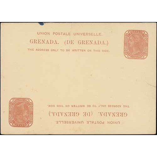 53 - Perkins Bacon & Co. 1881 Grenada postcards with 1d stamp in blue or 1½d stamp in brown, the sta... 