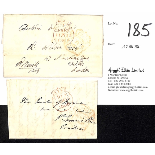 185 - 1808-09 Entire letters to London with Mermaid type Free datestamps in orange, London Free handstamps... 