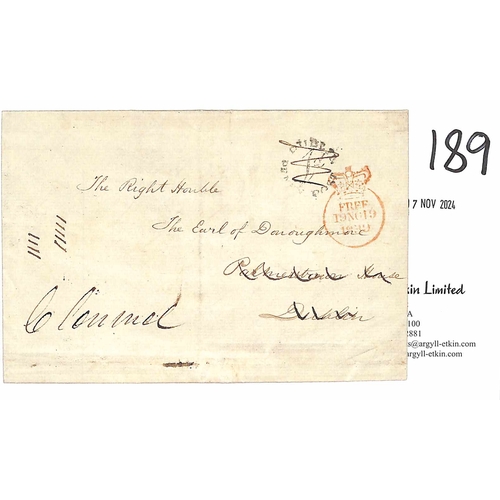 189 - 1839 (Nov 18) Entire letter from Cork to The Earl of Donoughmore in Dublin, redirected to Clonmel, 