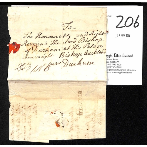 206 - 1776 Entire letter from Morpeth to the Bishop of Durham at Bishop Auckland, backstamped 