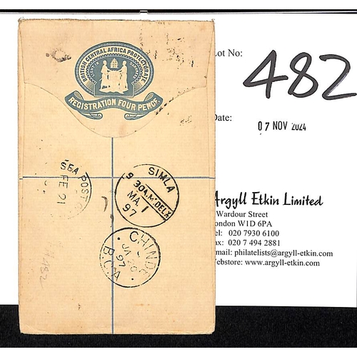 482 - Nyasaland. 1897 (Jan 8) 4d Registration envelope size F sent to India at the 1d soldiers concession ... 