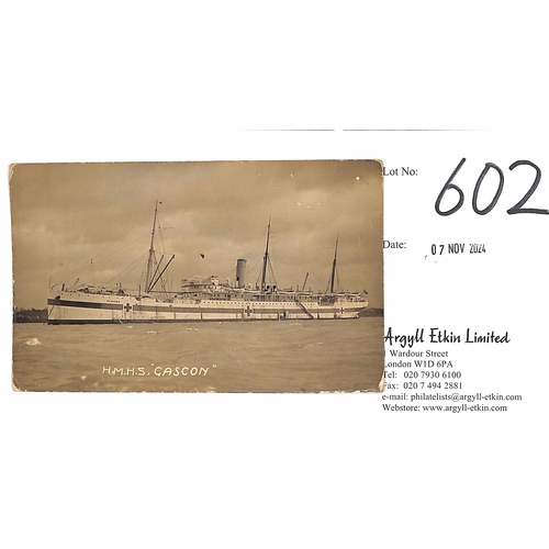 602 - Gascon. 1915 Stampless picture postcards of the ship, both with Southampton Paid c.d.s and circular ... 