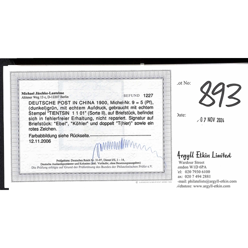 893 - 1900 5pf Tientsin Provisional used on piece with Tientsin (1.1.01) c.d.s, Ebel, Thier and Kohler exp... 