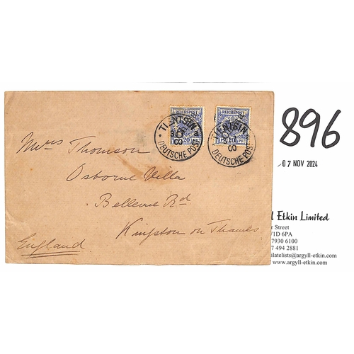 896 - Boxer Rebellion. 1900 (July 7) Cover from E. Meyer & Co in Tientsin to England bearing two 20pf stam... 