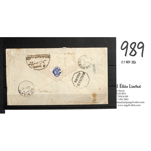 989 - 1875 (Feb 22) Cover to England franked 8a cancelled by a large diamond of horizontal bars (Cooper ty... 