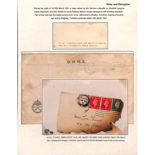 638 - 1941 (Mar 14) Badly burnt part cover franked 2½d, from Keighley to Bingley, forwarded within a ... 