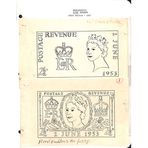 34 - 1953 Coronation issue, three artists drawings for a 2½d stamp in ink, each 144-153x86mm on wate... 