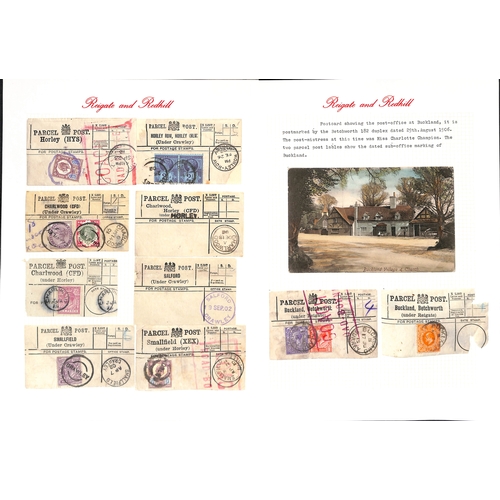 332 - Parcel Post Labels. 1892-1922 Parcel Post labels from Reigate G.P.O (11), town sub-offices (32) or v... 