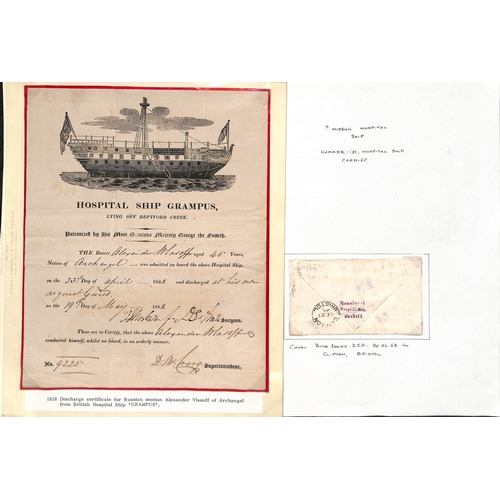 553 - 1828-1903 Ephemera, cover and a card, with a fine 1828 Certificate from the Hospital Ship 