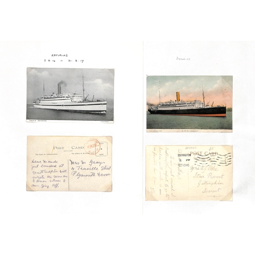 562 - Asturias. 1915-16 Covers (4) and stampless picture postcards of the ship (5), two covers with Base A... 