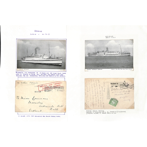 562 - Asturias. 1915-16 Covers (4) and stampless picture postcards of the ship (5), two covers with Base A... 