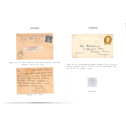 1911 - India Used in Zanzibar - Postal Stationery. 1887-93 Postal stationery postcards (5) and envelopes (2... 