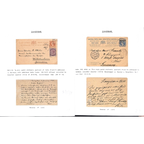 1911 - India Used in Zanzibar - Postal Stationery. 1887-93 Postal stationery postcards (5) and envelopes (2... 