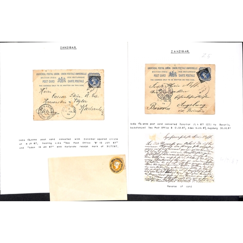 1911 - India Used in Zanzibar - Postal Stationery. 1887-93 Postal stationery postcards (5) and envelopes (2... 