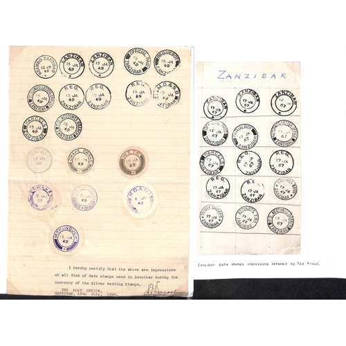 1956 - 1949 and 1967 Pages bearing proof impressions of all datestamps then in use in Zanzibar, the 1949 pa... 