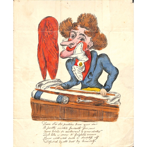 419 - c.1825 Comic rude valentine lettersheet with a caricature of a tailor, handpainted with a handwritte... 