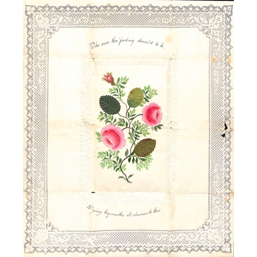 432 - 1844 Valentine lettersheet with applied and handpainted roses within an embossed frame, the embossed... 