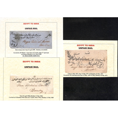 1008 - Egypt. 1858-79 Stampless covers to Bombay posted at the British P.O at Cairo (2) or Suez (2), or the... 