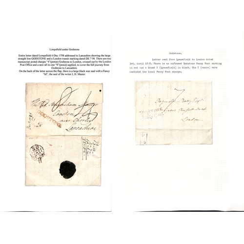 359 - Limpsfield. 1798-1908 Entire letters, covers and cards including 1798 letter with straight line 