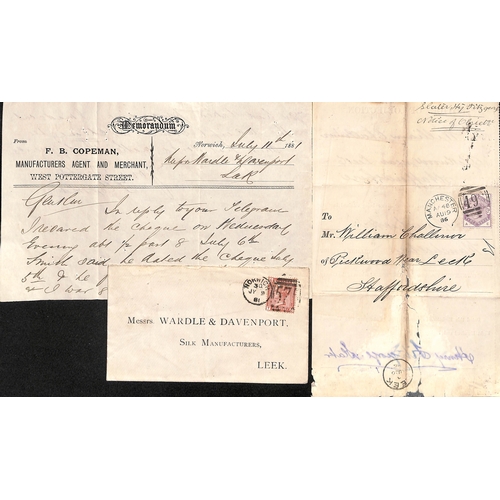 122 - 1824-1916 Entire letters, covers and cards all to Leek including 1886 Notice of Objection franked 3d... 