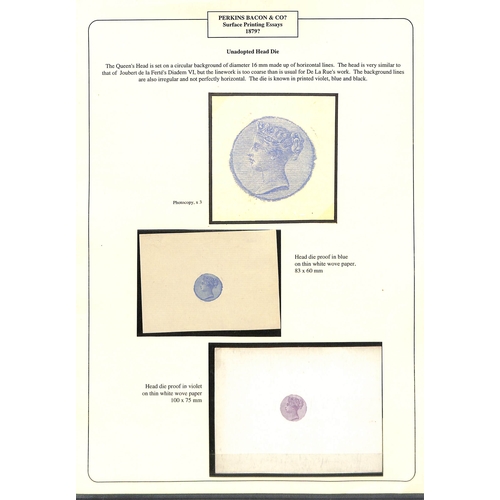 45 - Unadopted QV Head die proofs with circular background of horizontal lines, in blue on wove paper, 83... 