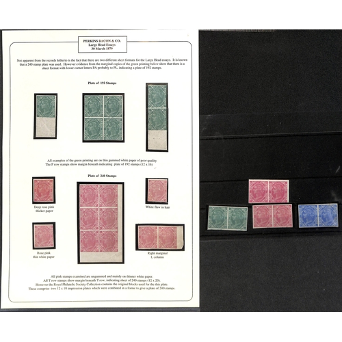 51 - Perkins Bacon & Co. Imperforate 1d Large Head Essays by Ridgway, in green (11), rose (17, shades), b... 