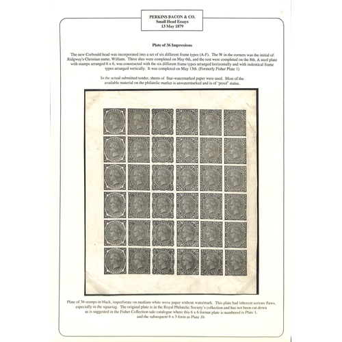 56 - Perkins Bacon & Co. Imperforate proof sheet of 36 1d small head essays in black on white wove paper,... 