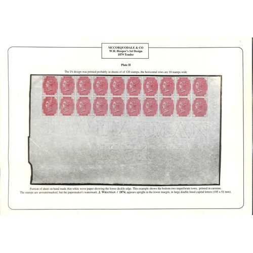 65 - McCorquodale & Co. Imperforate first type dummy stamp, plate II block of twenty (rows 11-12) in carm... 