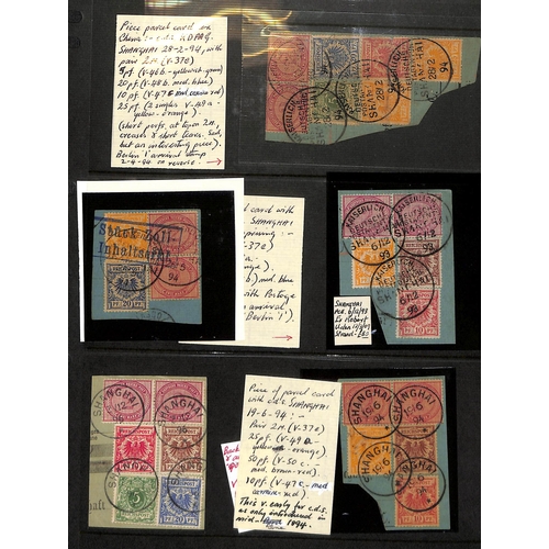 889 - 1893-96 Pieces from parcel cards with Germany stamps cancelled at Shanghai, all with a 2m pair in co... 