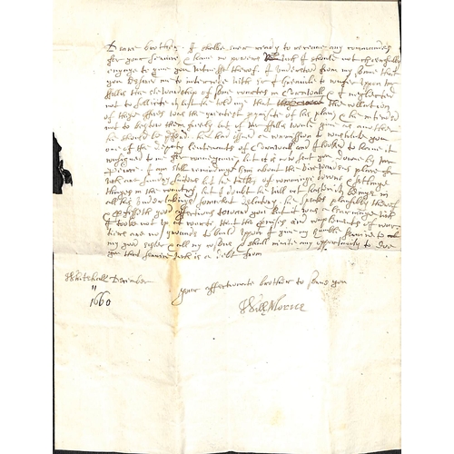 143 - 1660 (Dec 11) Entire letter written and signed by the Secretary of State Sir William Morice from Whi... 