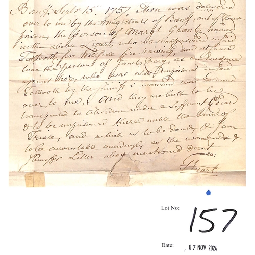 157 - Scotland. 1757 (Sep 13) Entire letter from Keith to the Sheriff at Banff concerning a warrant to tra... 