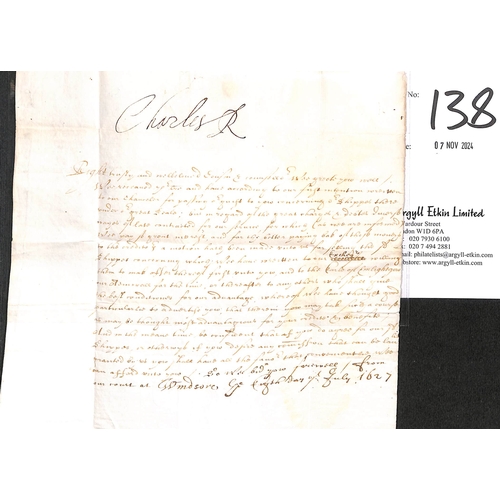 138 - King Charles I. 1627 (July 8) Entire letter 