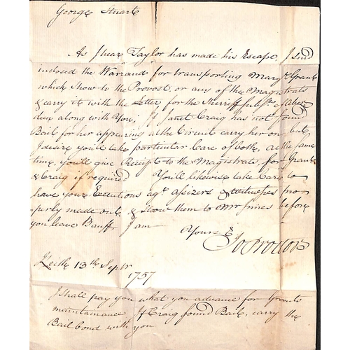 157 - Scotland. 1757 (Sep 13) Entire letter from Keith to the Sheriff at Banff concerning a warrant to tra... 