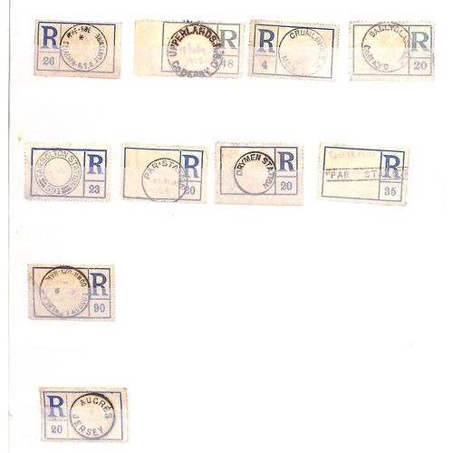 298 - 1907-60 Blank type registration labels, mainly 1907-16 period, bearing office handstamps or datestam... 