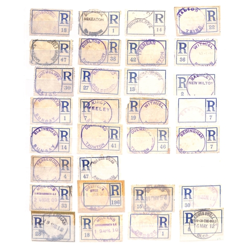 298 - 1907-60 Blank type registration labels, mainly 1907-16 period, bearing office handstamps or datestam... 